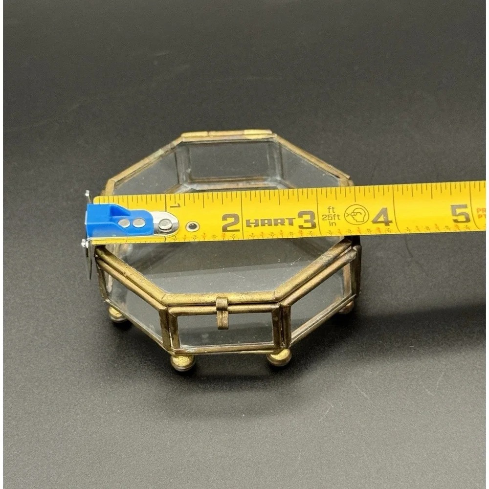 Vintage Brass & Glass Octagon Trinket Box Casket Jewelry Box Hinged Lid 3.5